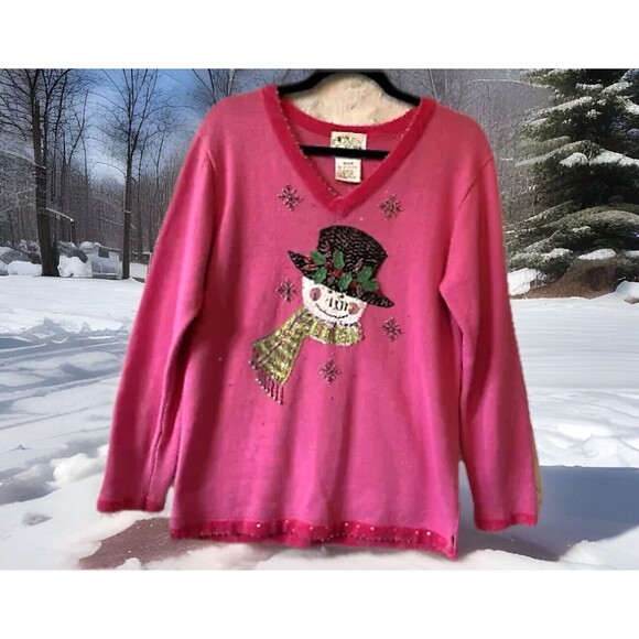 Quacker‎ Factory Sweater Size M Pink Snowman Sequins Long Sleeve Beaded Holidays - Picture 1 of 9